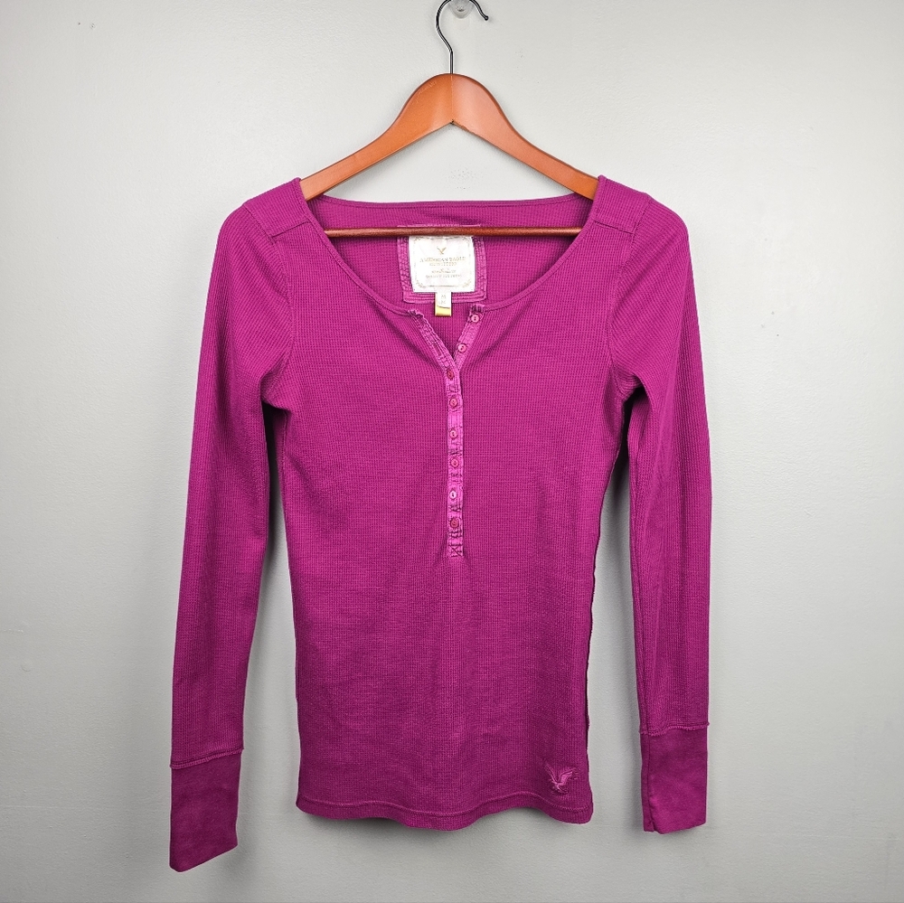 American Eagle Outfitters Y2K‎ Long Sleeve Waffle Knit Thermal Top Pink Womens M